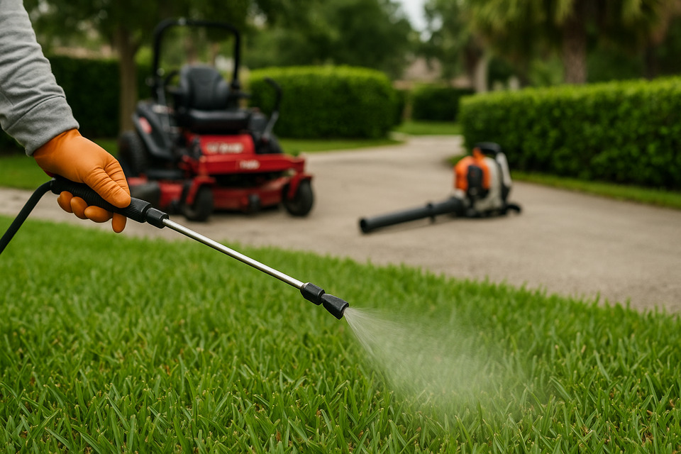 Licensed Sun Pest Control technician applying lawn treatment as part of landscaper partnership