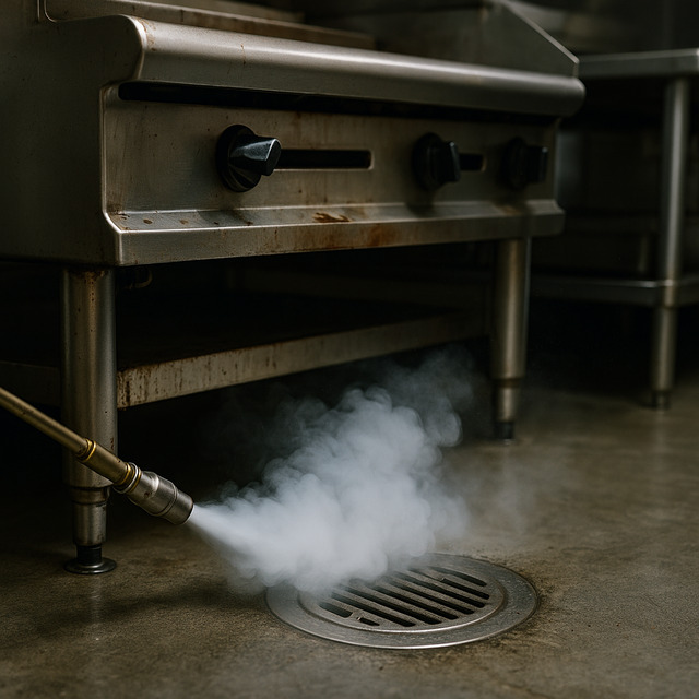 Food-safe, discreet pest control around stainless kitchen equipment in a Southwest Florida restaurant