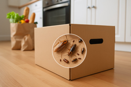 German roaches and egg cases inside a delivery box