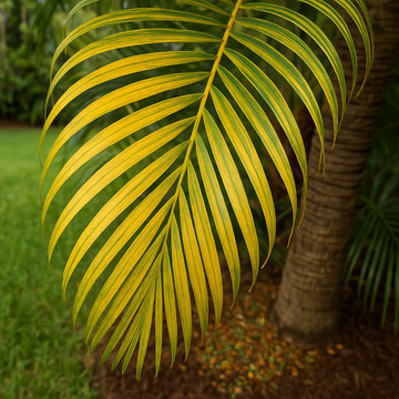 Yellow chlorotic palm fronds showing nutrient deficiency common in Florida soils