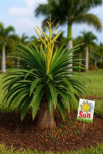 Palm fronds showing frizzle top from severe K/Mg nutrient deficiency