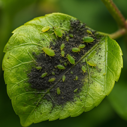 Aphids on new growth with honeydew and sooty mold