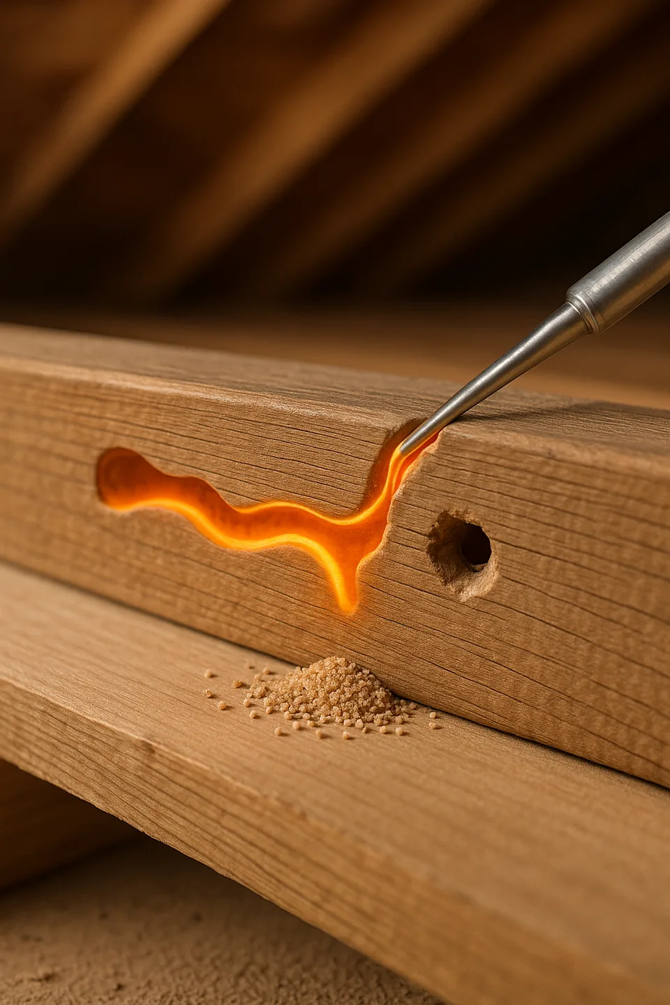 Drywood termite gallery treatment inside attic beam with frass nearby